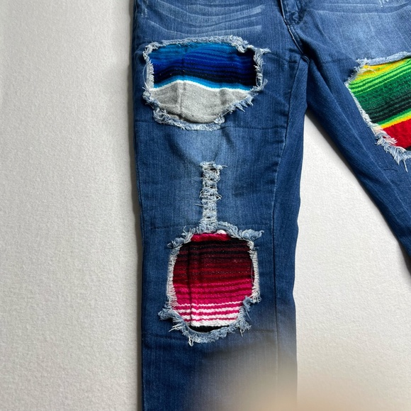 Lucky + Blessed Western Sarape Print Raw Hem Patched Jeans Size 14 - Picture 3 of 14
